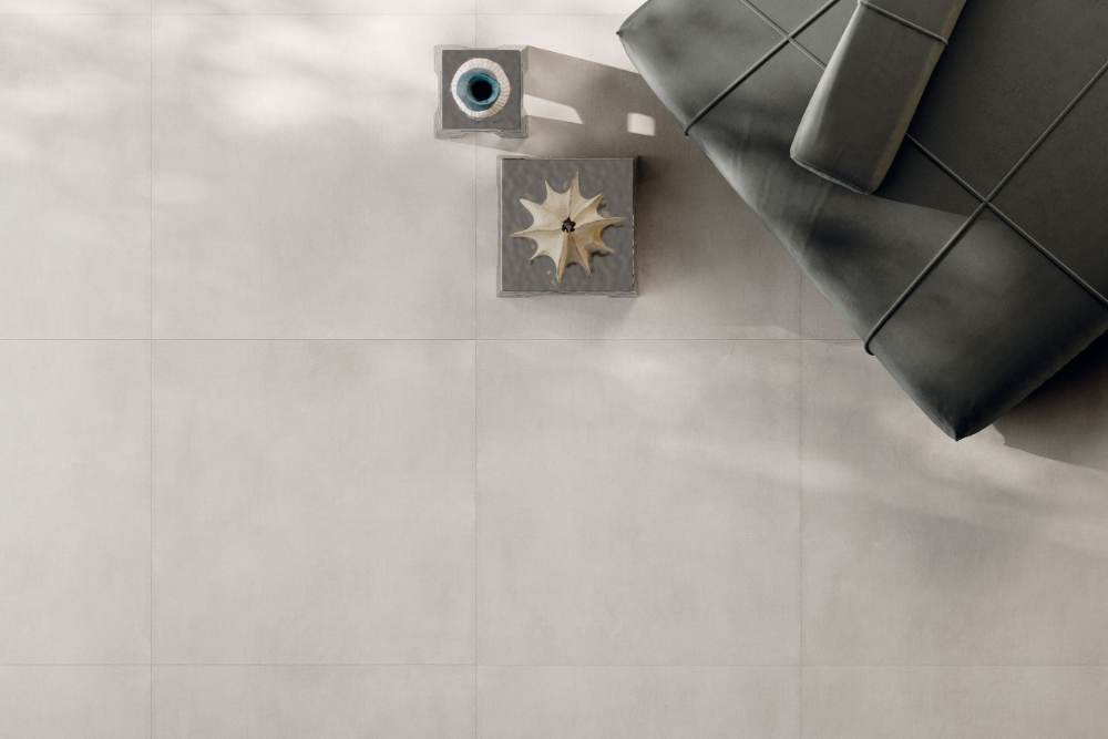 Concrete effect porcelain floor tile ABK Poetry Net Milk, 60x120 cm, 8.5 mm, natural matt, slip-resistant R10