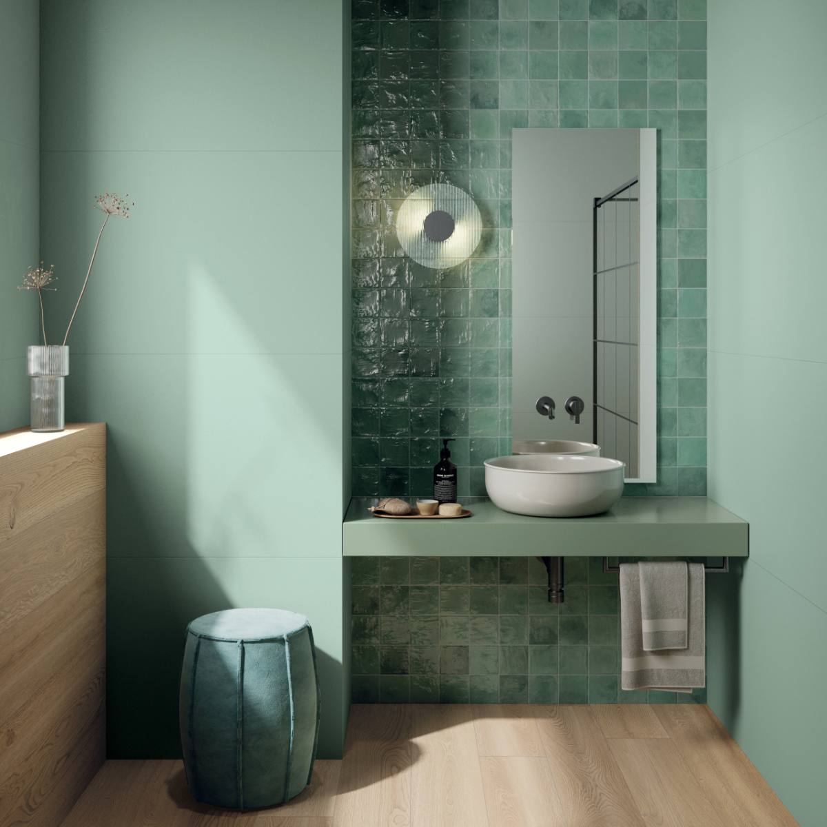 Coloured ceramic wall tile ABK Poetry Colors Sage, 10x10 cm, 8.5 mm, glazed, handcrafted look