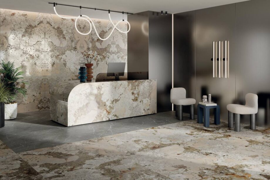Marble effect porcelain ABK Sensi Nuance Patagonia Wow – view 4 Marble effect large porcelain slab ABK Sensi Nuance Patagonia Wow bookmatch A, 120x280 cm, 6 mm, polished 3D textured (lux 3D) – 4
