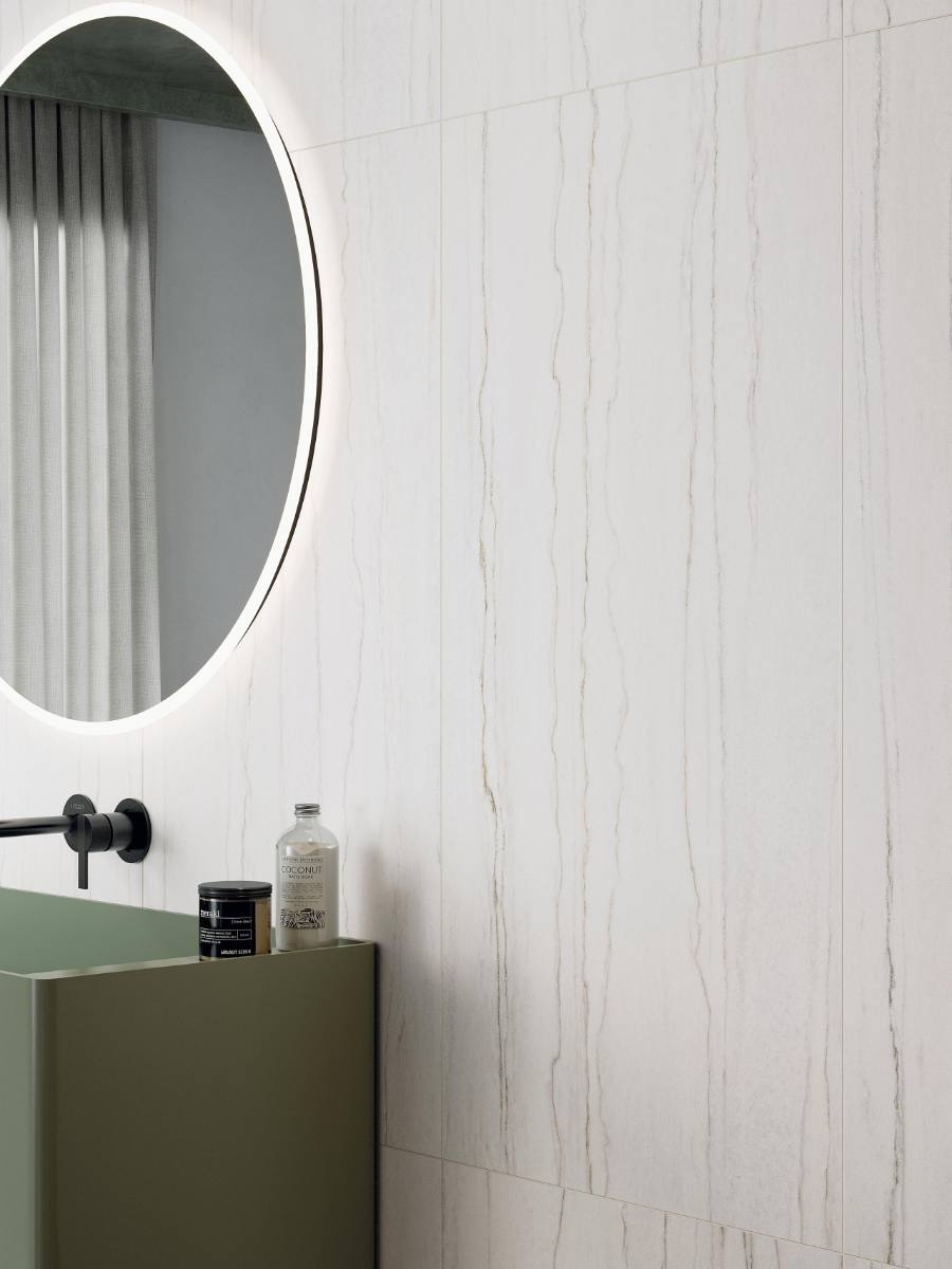 Marble effect large porcelain slab ABK Sensi Nuance White Macaubas, 120x280 cm, 6 mm, polished 3D textured (lux 3D)