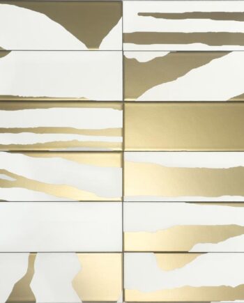 Ceramic wall tile with PVD metallic pattern Dune Flat Savannah White & Gold, 7.5x30 cm, 8 mm, white & gold