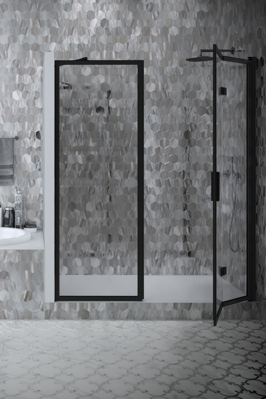 Alcove shower screen Hietakari Bläk 823 New York, Sand frame, bronze tinted glass Alcove shower screen Hietakari Bläk 823 New York, Sand frame, bronze tinted glass