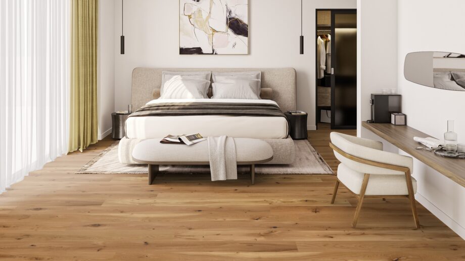 Parkett Tarkett, Heritage, Tamm, 1-lip, 2 külge mikrofaas, sügavharjatud, Protec 3 Tammeparkett Tarkett Heritage Oak magamistoas