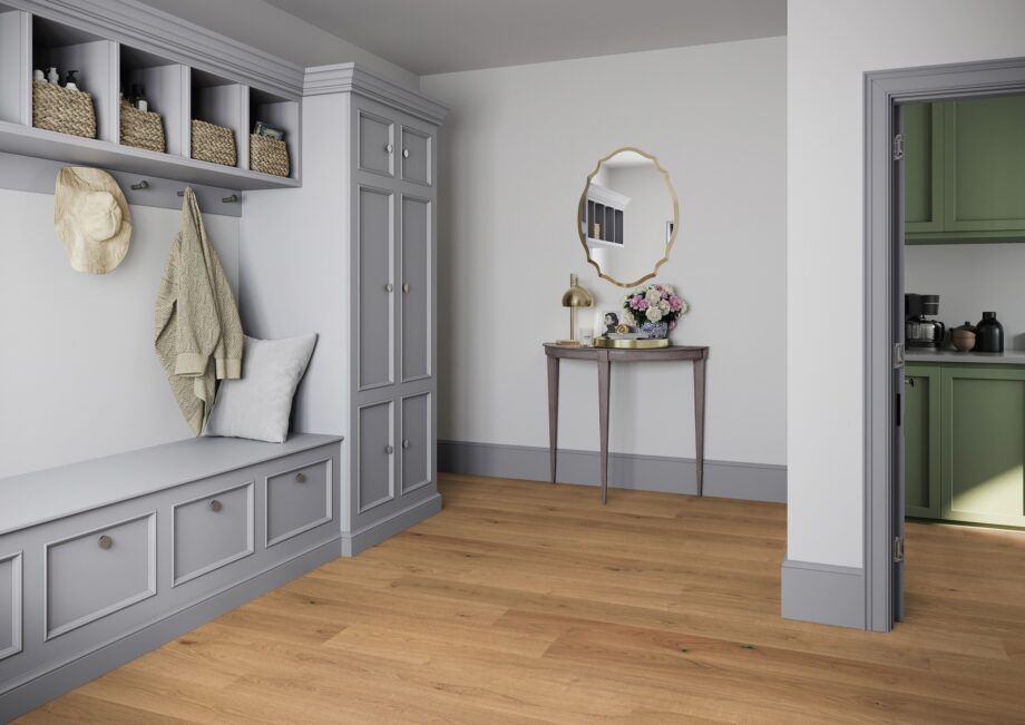 Parkett Tarkett, Shade, Tamm Nutmeg Plank XT, 1-lip, 2 külge mikrofaas, harjatud 4 Tammeparkett Tarkett Shade Nutmeg Plank XT esikus