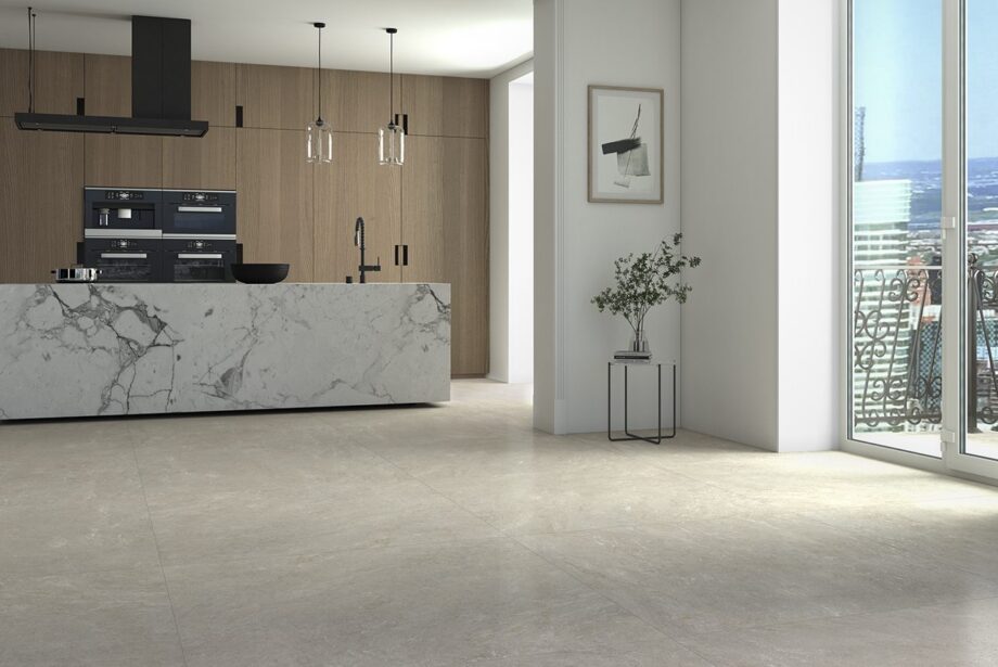 Stone-effect porcelain floor tile Tau Caribbean Light Beige, light beige, rectified – view 2 Stone-effect matt porcelain floor tile Tau Caribbean Light Beige, 60x60 cm, 9 mm, light beige, rectified – 2