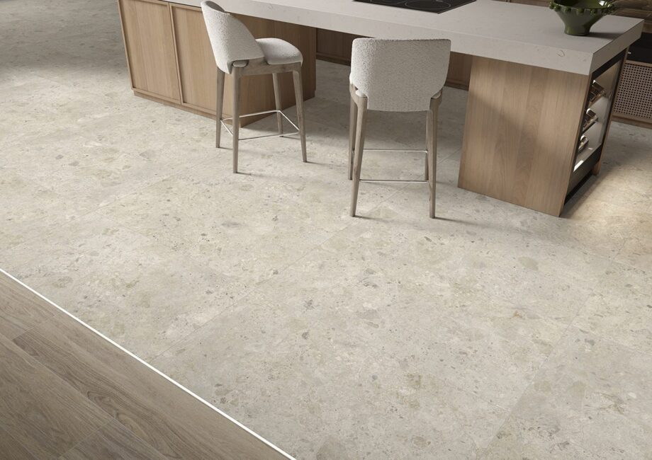 Stone-effect matt porcelain floor tile Tau Qatar White, white, rectified – view 2 Stone-effect matt porcelain floor tile Tau Qatar White, 60x60 cm, 9 mm, white, rectified – 2