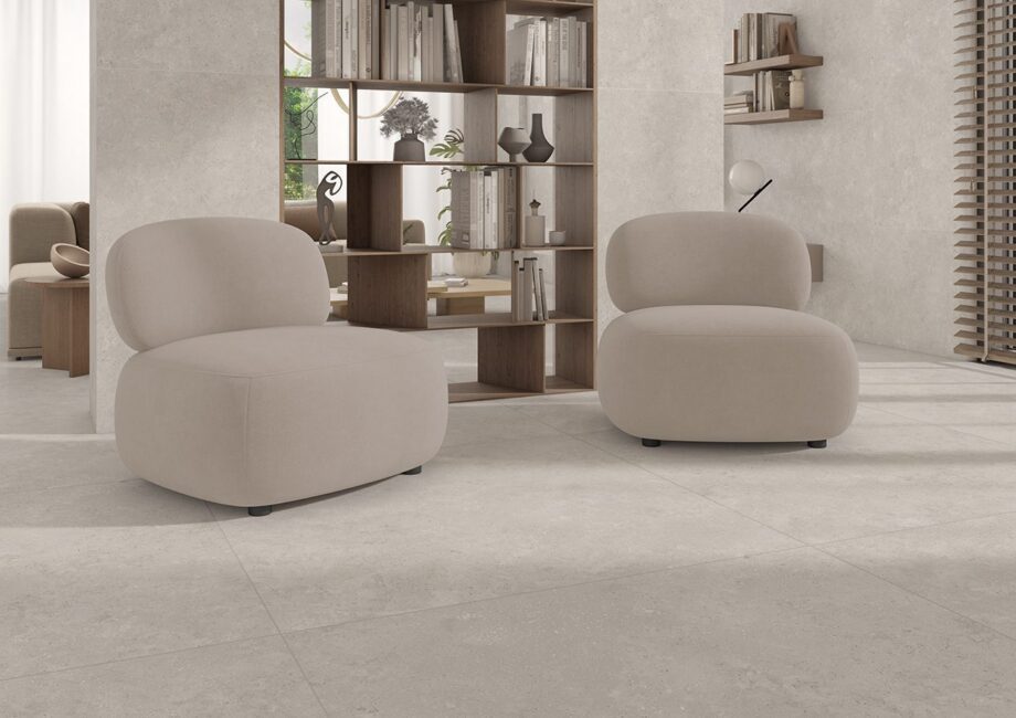 Stone-effect porcelain tile Tau Campaspero White, white – view 2 Stone-effect soft matt porcelain floor tile Tau Campaspero Soft White, 60x120 cm, white, rectified – 2