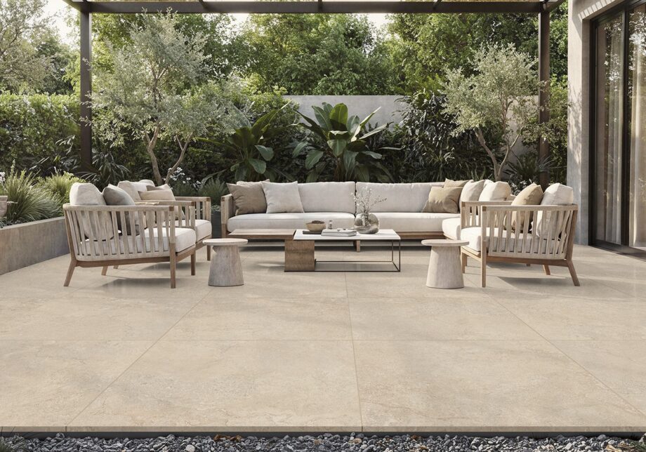 Stone-effect outdoor paving tile Tau Dorset Sand, 61x91 cm, 20 mm, sand beige, R11 – 2