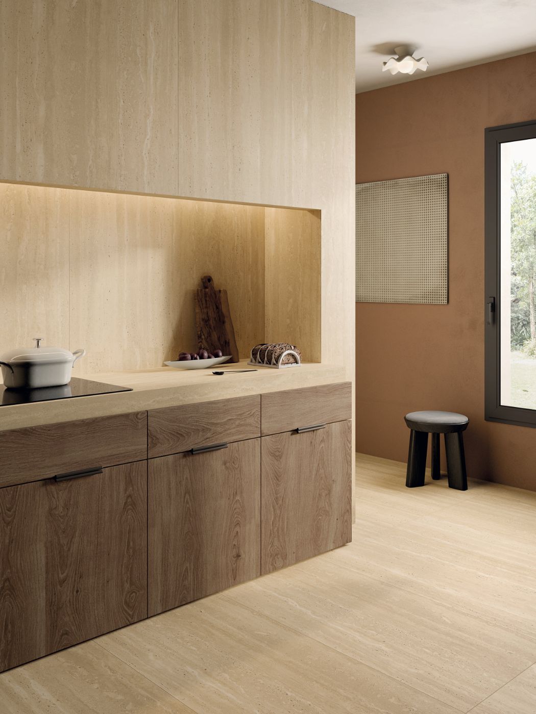 Stone effect porcelain tiles ABK Sensi Roma Cream, 120x120 cm, 8.5 mm, 3D textured (antique) – 3