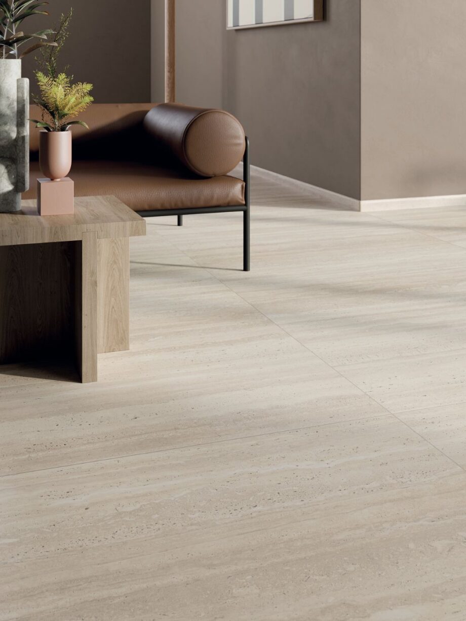Stone effect porcelain ABK Sensi Roma Ivory – view 4 Stone effect porcelain tiles ABK Sensi Roma Ivory, 120x120 cm, 8.5 mm, 3D textured (antique) – 4