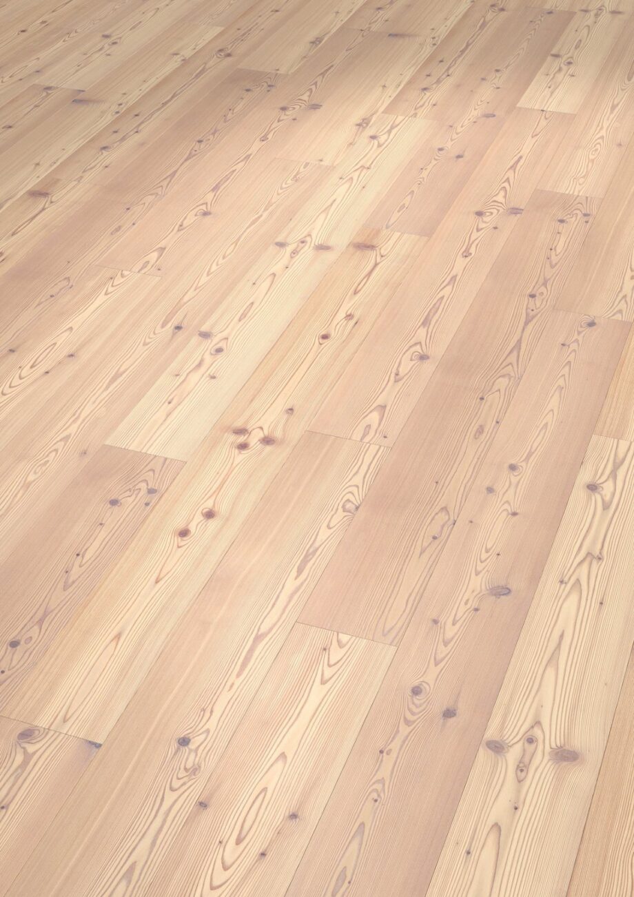 Larch parquet Thede & Witte Boston, knotty, brushed, white oiled, 1-strip, 1860 x 189 x 15 mm