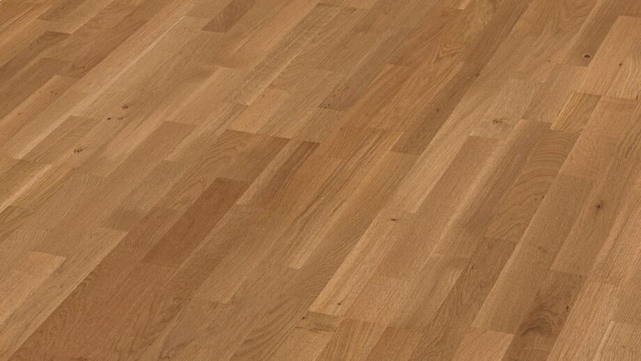 Oak parquet Meister, Longlife PC 200, Oak lively lightly smoked look 09039, 3-strip, 2400 x 200 mm, brushed, ultra matt lacquered