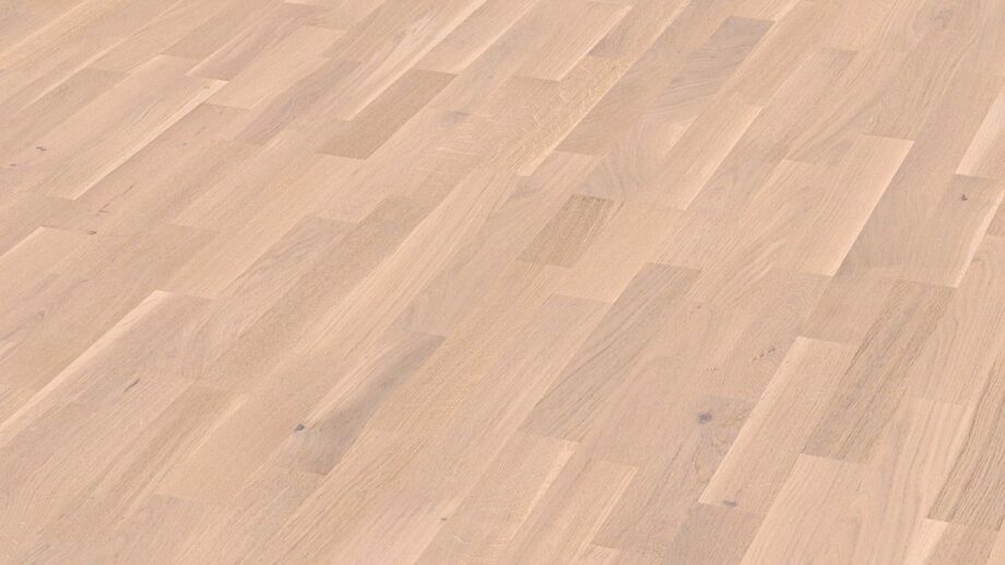 Oak parquet Meister, Longlife PC 200, Off-white oak lively 09035, 3-strip, 2400 x 200 mm, brushed, ultra matt lacquered