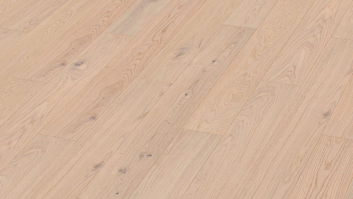 Oak parquet Meister, Longlife PS 300, Authentic off-white oak 09021, 1-strip short plank, 1187 x 142 mm, brushed, ultra matt lacquered