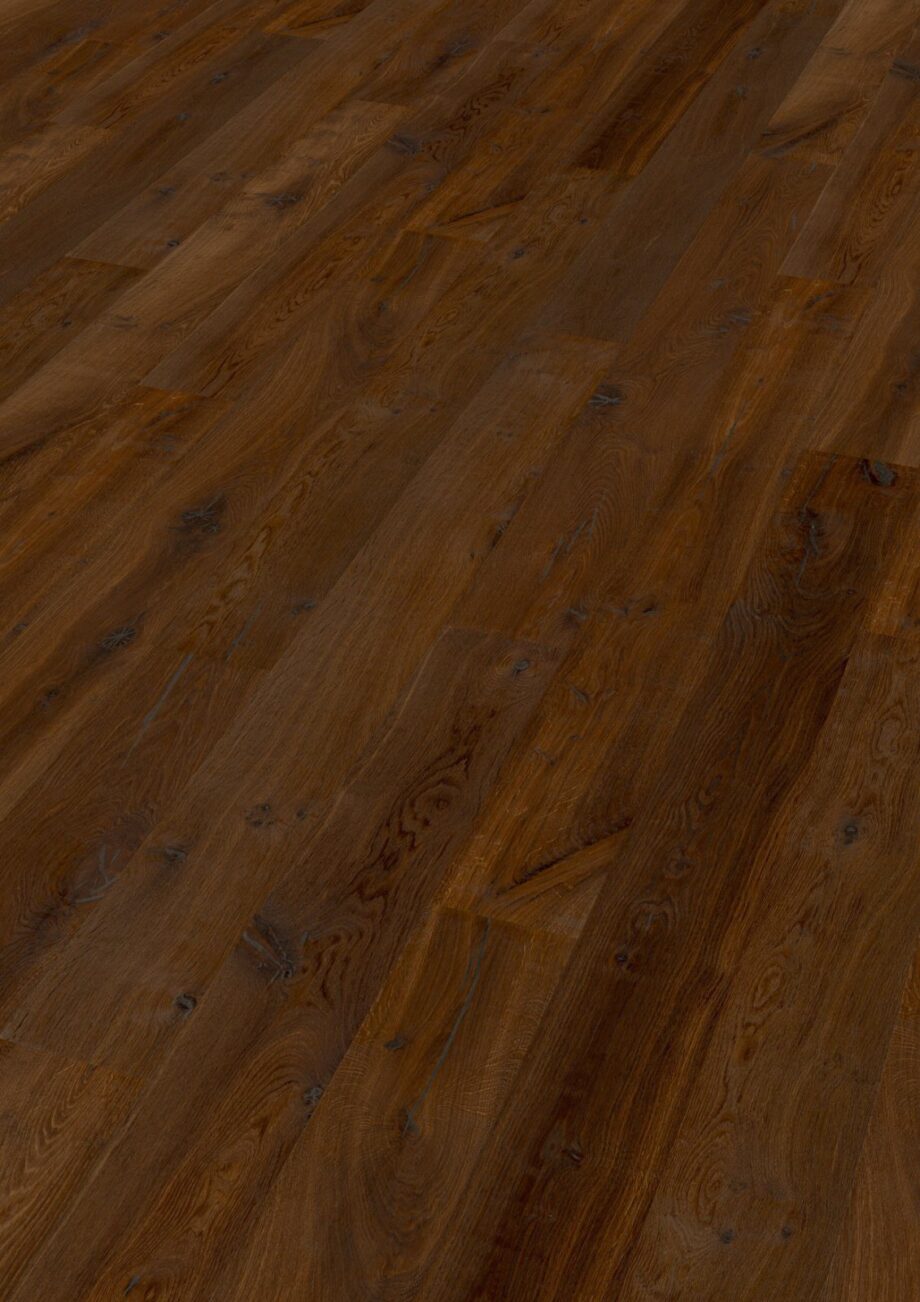 Oak parquet Thede & Witte Boston, Darkbrown, knotty, brushed, oiled, 1-strip, 1900 x 189 x 15 mm
