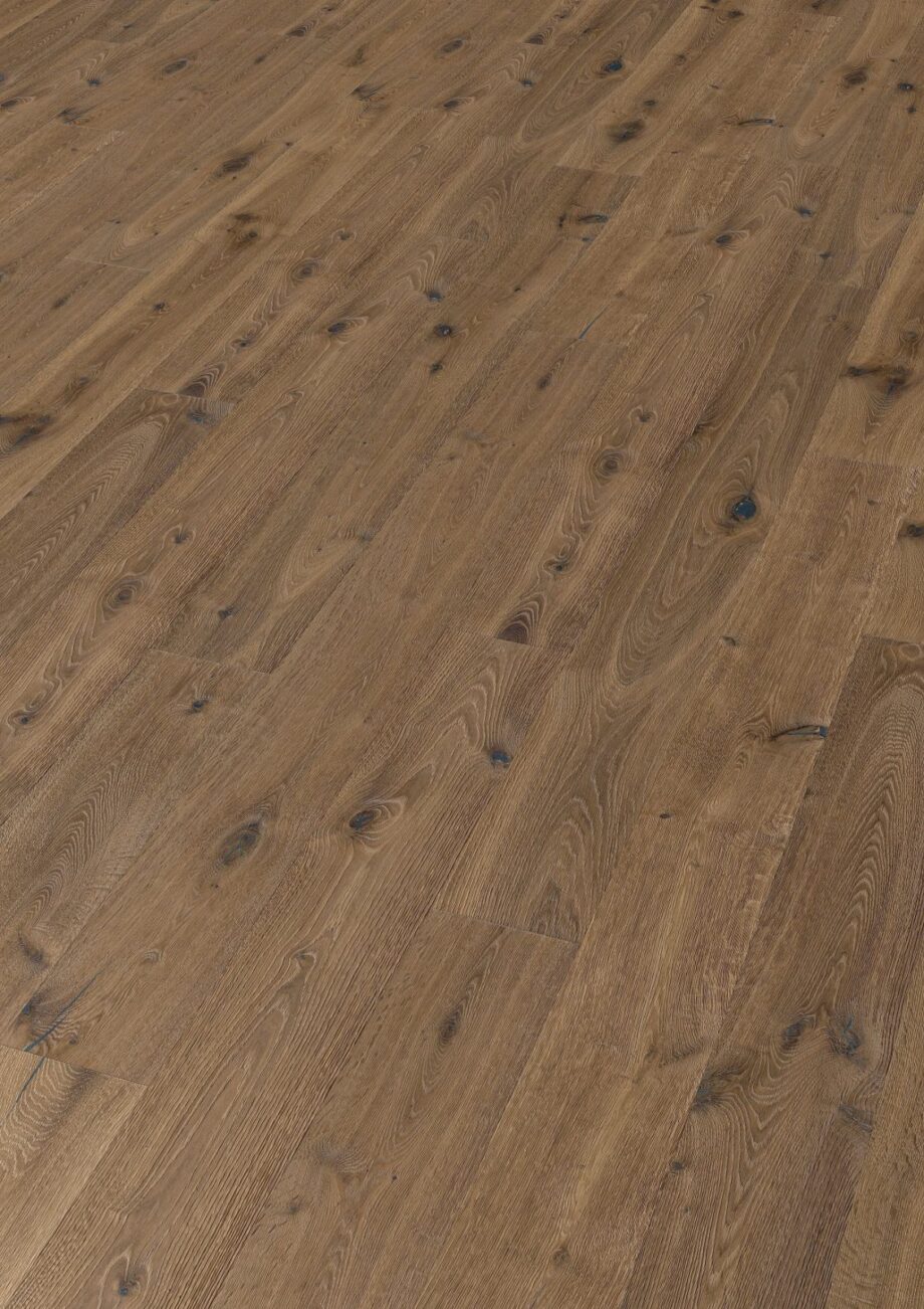 Oak parquet Thede & Witte Boston, Desert, knotty, smoked, deep brushed, white oiled, 1-strip, 1900 x 189 x 15 mm