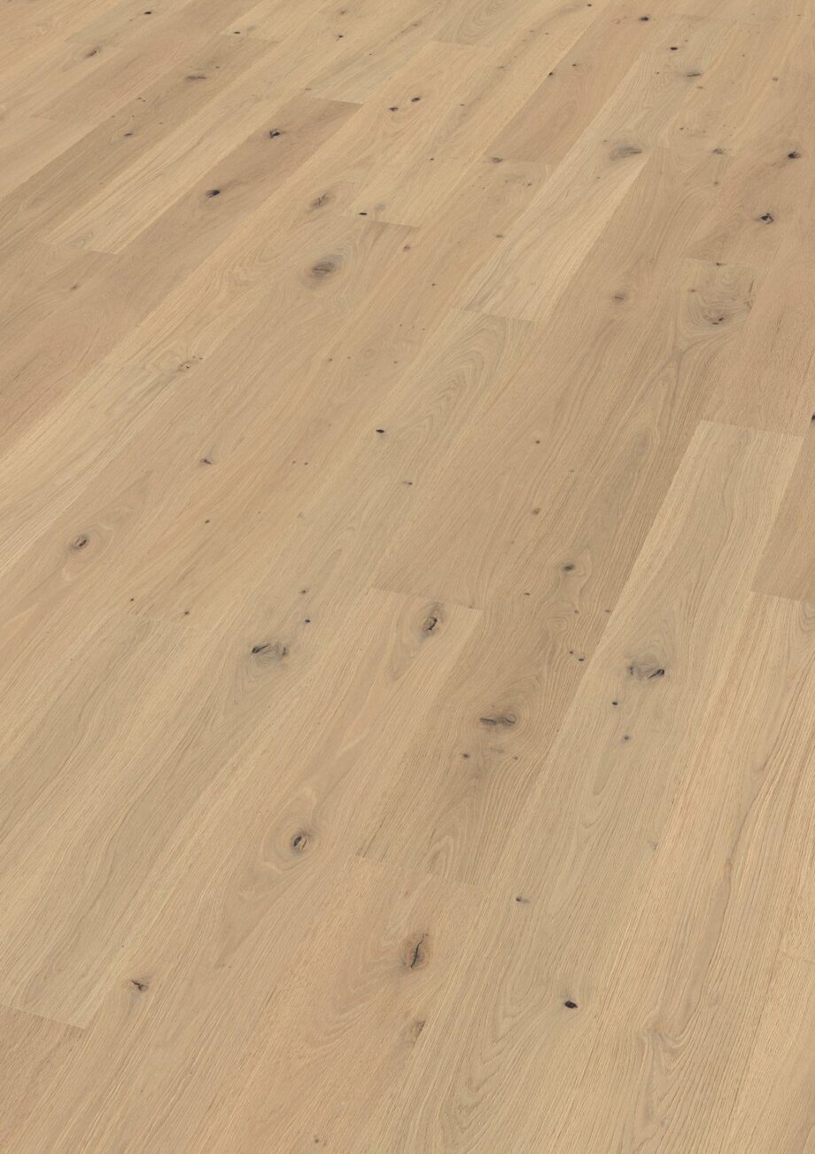 Oak parquet Thede & Witte Boston, knotty, brushed, matt lacquered, rough appearance, 1-strip, 1900 x 189 x 15 mm