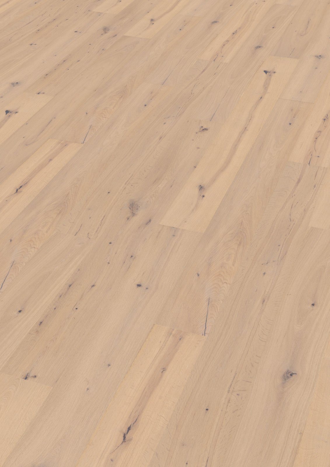 Oak parquet Thede & Witte Boston, knotty, brushed, white matt lacquered, 1-strip, 1900 x 189 x 15 mm