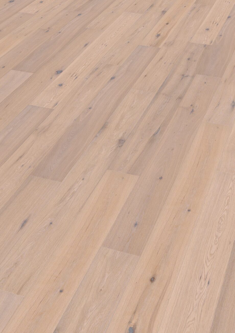 Oak parquet Thede & Witte Boston, rustic knotty, brushed, white oiled, 1-strip, 1900 x 189 x 14 mm