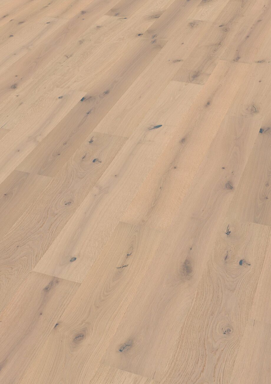 Oak parquet Thede & Witte Boston, knotty, brushed, white oiled, 1-strip, 2200 x 220 x 15 mm