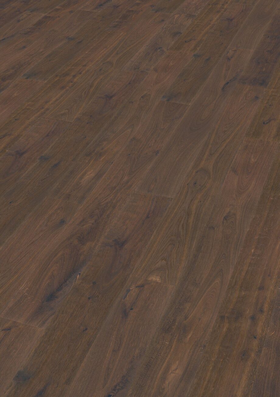 Oak parquet Thede & Witte Boston, knotty, deep smoked, brushed, oiled, rough appearance, 1-strip, 1900 x 189 x 15 mm