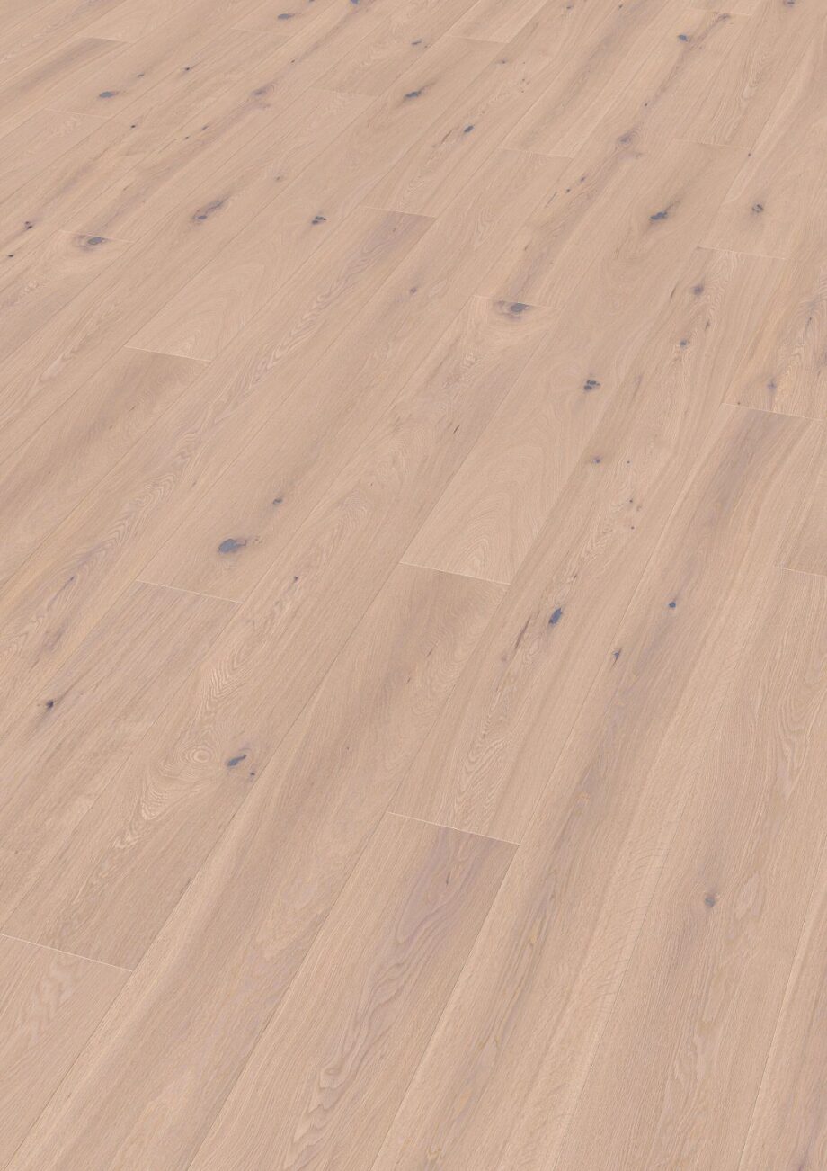 Oak parquet Thede & Witte Boston, rustic knotty, handscraped, white oiled, 1-strip, 1900 x 189 x 14 mm