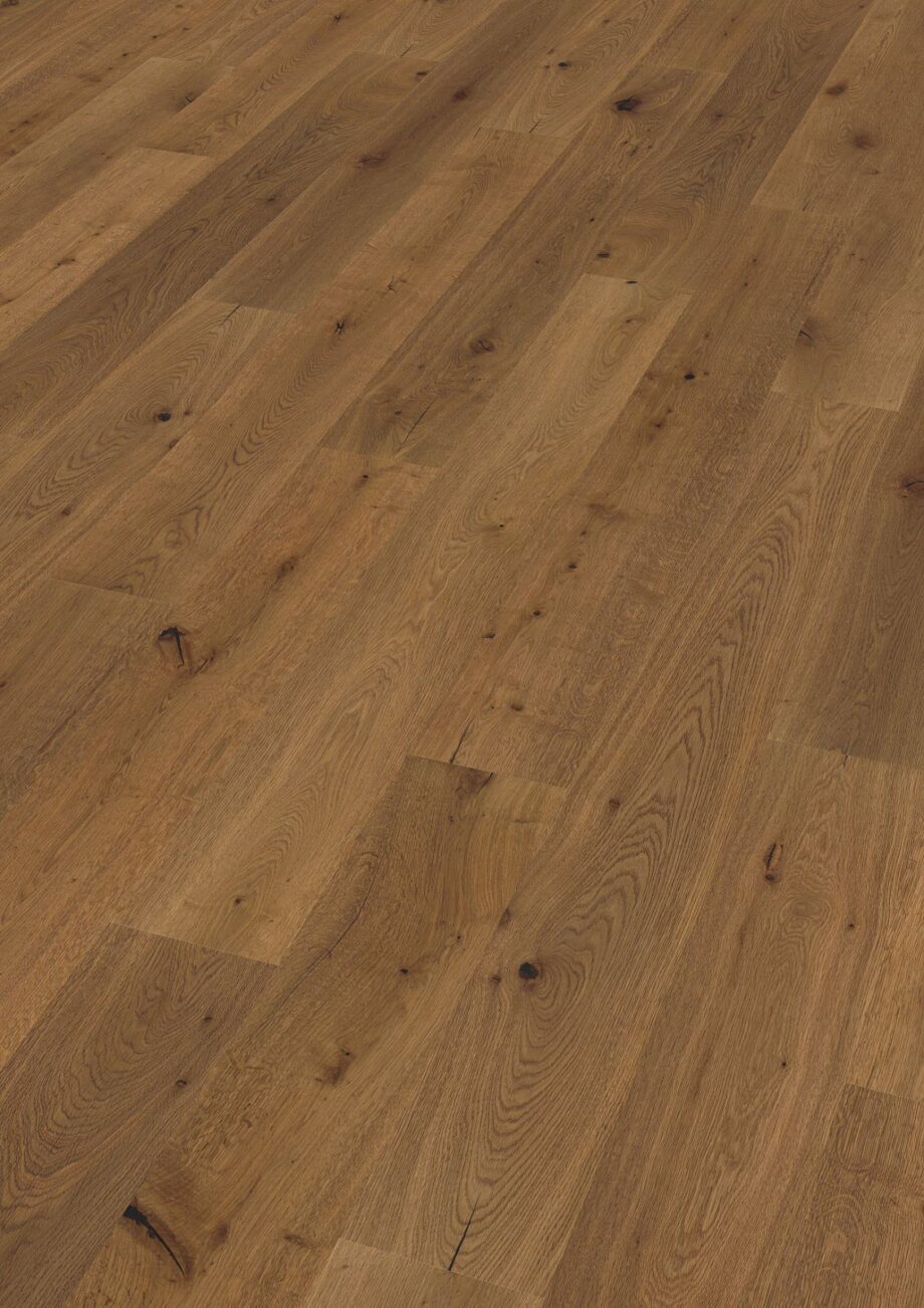 Oak parquet Thede & Witte Boston, knotty, smoked, brushed, oiled, 1-strip, 2200 x 220 x 15 mm