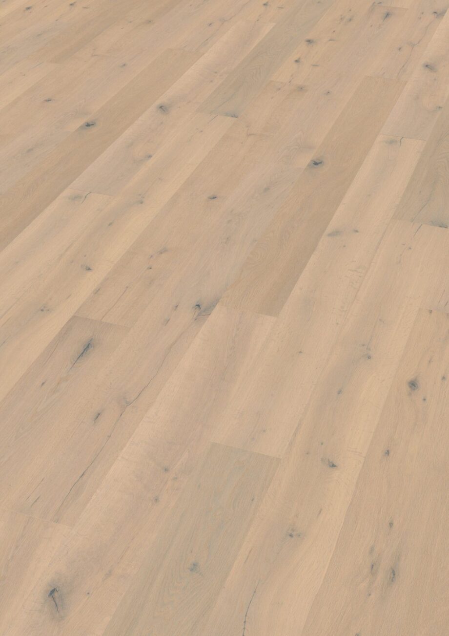 Oak parquet Thede & Witte Boston, knotty, smoked, brushed, white matt lacquered, 1-strip, 1900 x 189 x 15 mm