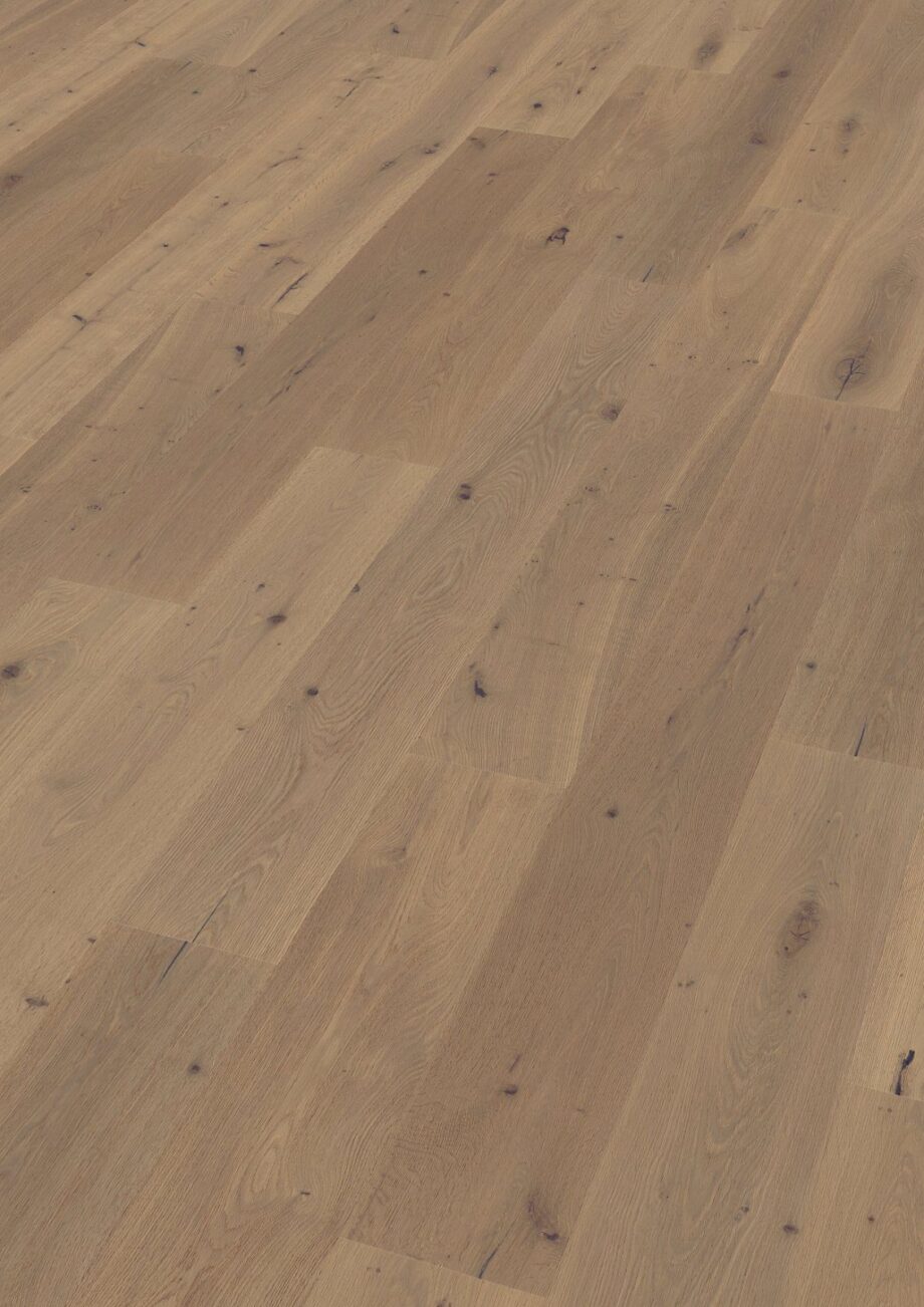Oak parquet Thede & Witte Boston, knotty, smoked, brushed, white oiled, 1-strip, 2200 x 220 x 15 mm