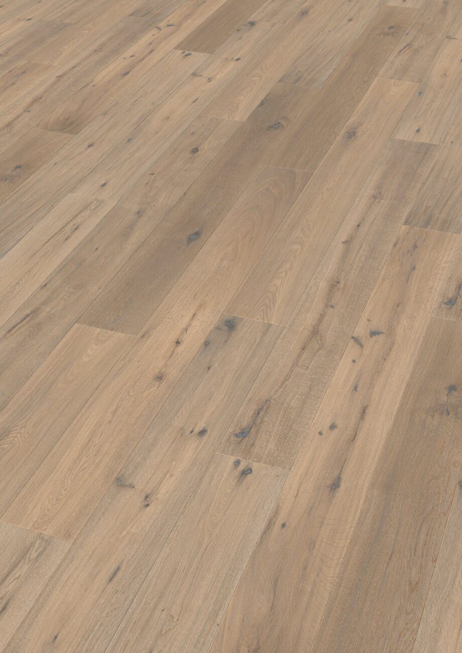 Oak parquet Thede & Witte Boston, knotty, smoked, handscraped, white oiled, 1-strip, 1900 x 189 x 15 mm