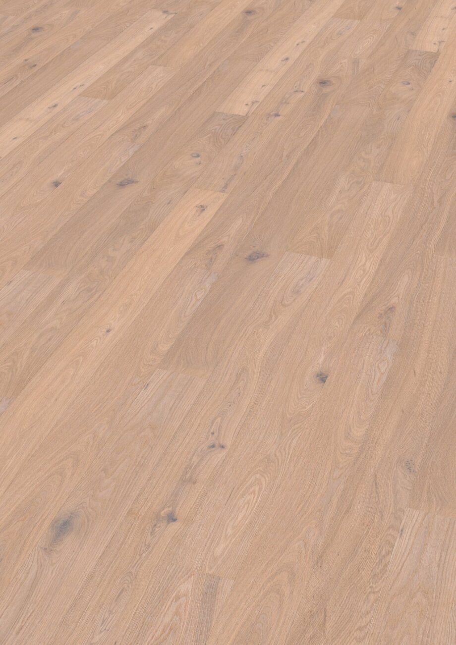 Oak parquet Thede & Witte Boston S, knotty, brushed, white oiled, 1-strip, 1860 x 148 x 10 mm