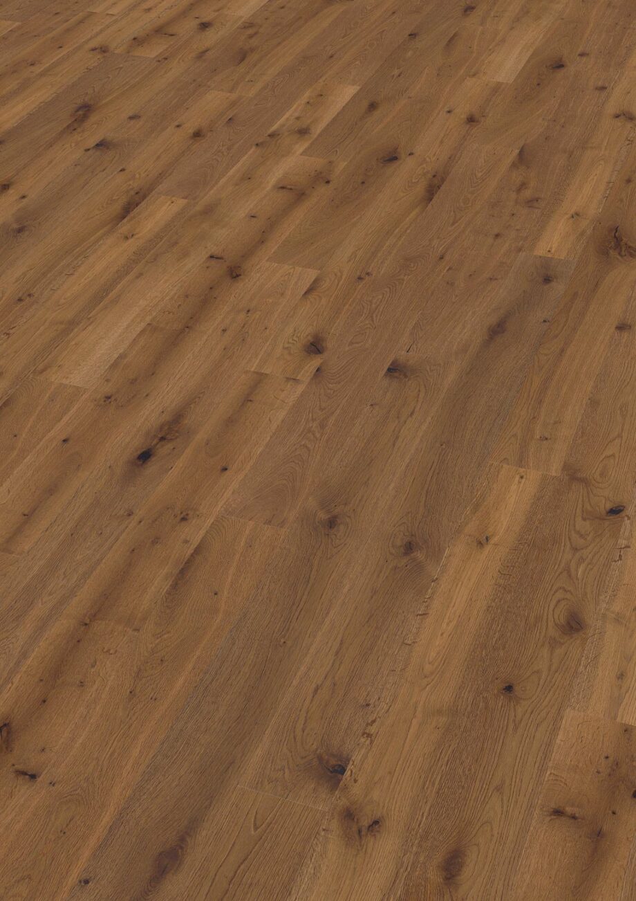Oak parquet Thede & Witte Boston S, knotty, smoked, brushed, oiled, 1-strip, 1860 x 148 x 10 mm