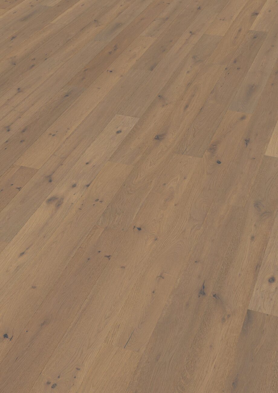 Oak parquet Thede & Witte Boston S, knotty, smoked, brushed, white oiled, 1-strip, 1860 x 148 x 10 mm