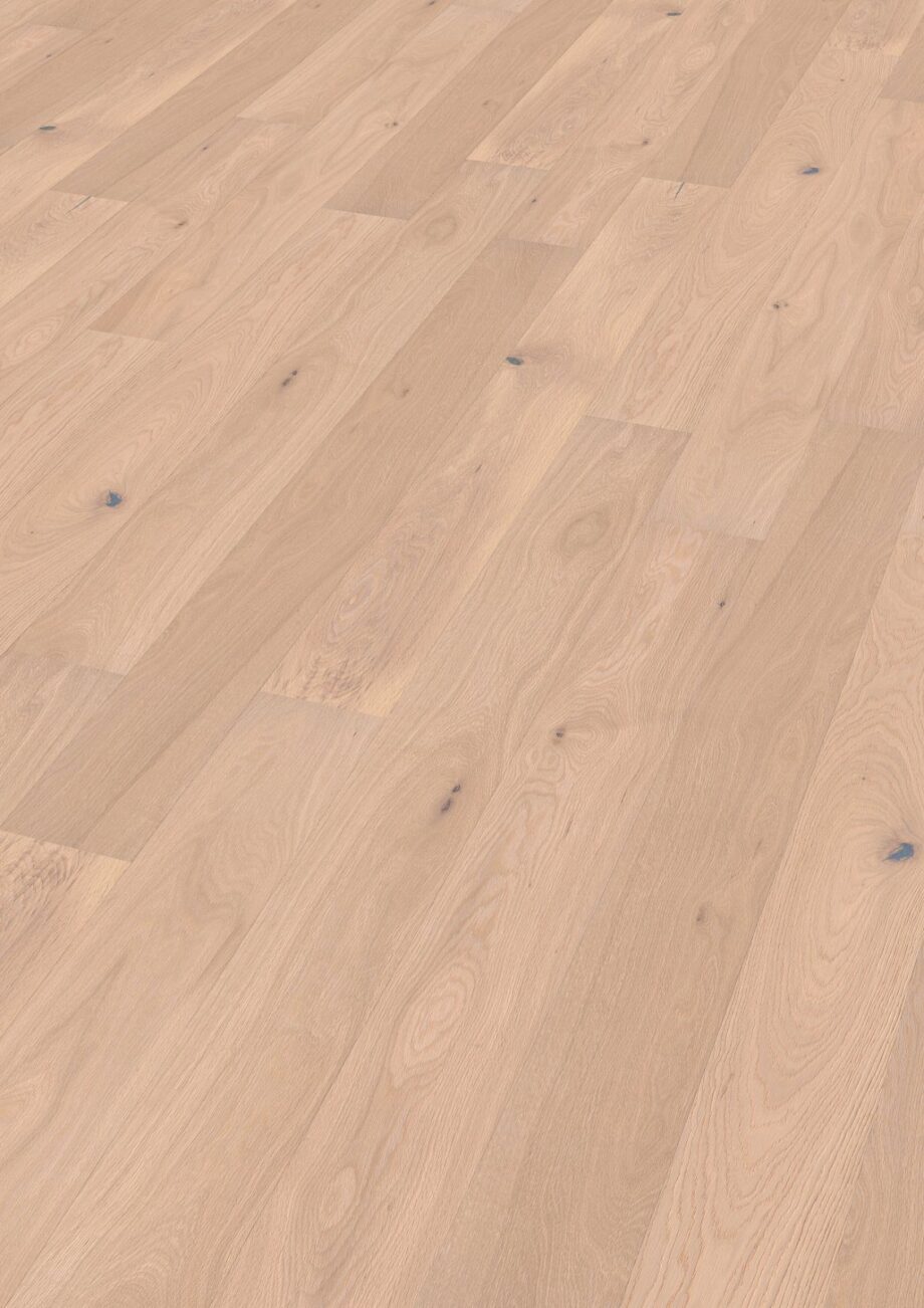 Oak parquet Thede & Witte Boston, slightly knotty, brushed, white oiled, 1-strip, 1900 x 189 x 15 mm