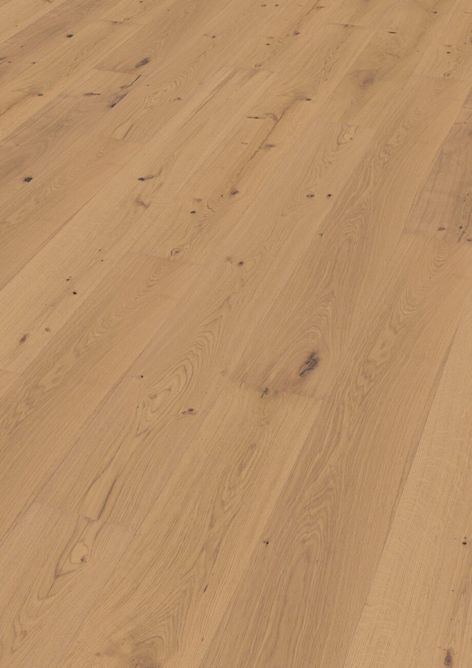 Oak parquet Thede & Witte Boston XL, knotty, brushed, light white oiled, 1-strip, 2200 x 260 x 15 mm