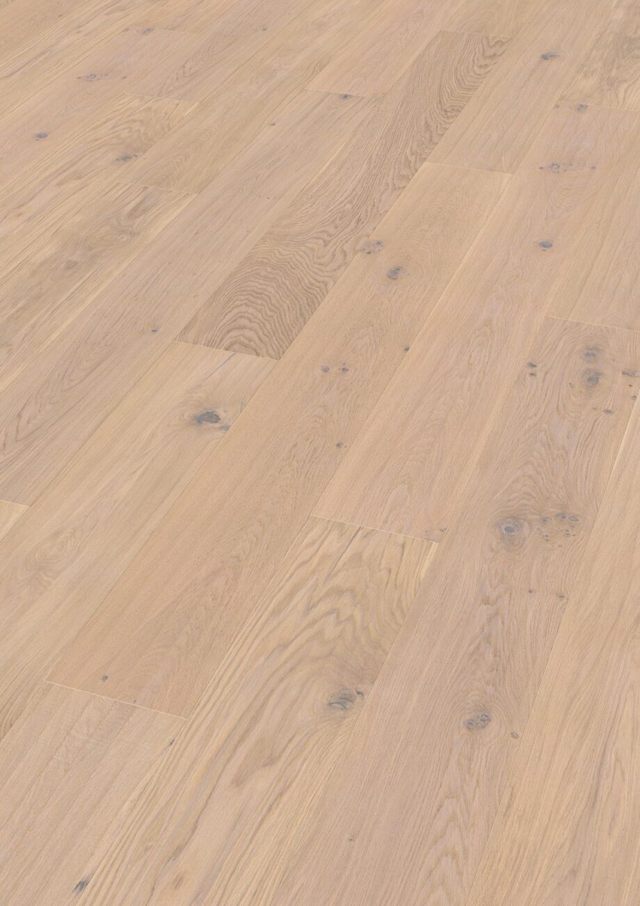 Oak parquet Thede & Witte Boston XL, knotty, handscraped, white oiled, 1-strip, 2200 x 260 x 15 mm