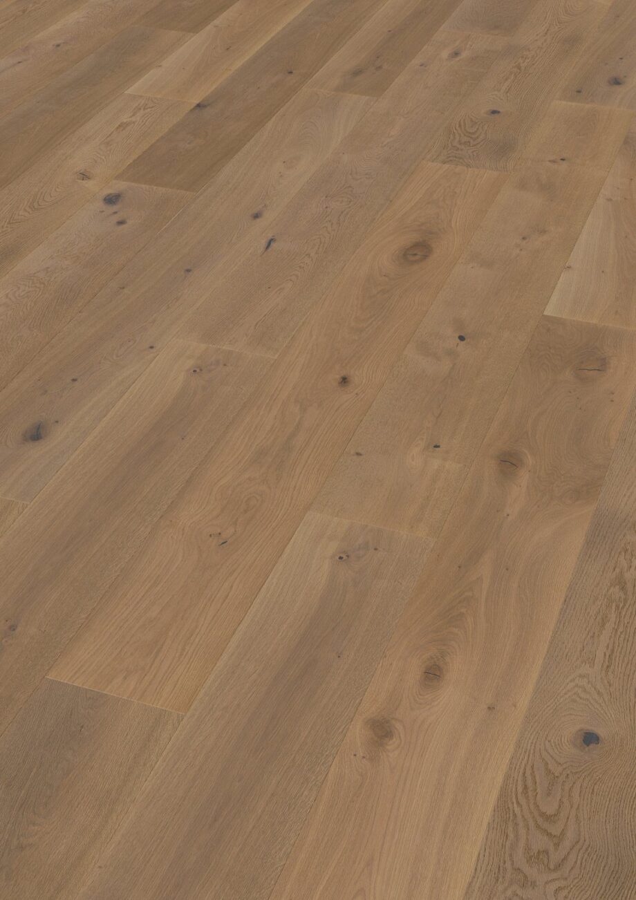 Oak parquet Thede & Witte Boston XL, knotty, smoked, brushed, white oiled, 1-strip, 2200 x 260 x 15 mm