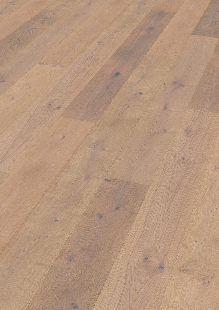 Oak parquet Thede & Witte Boston XL, rustic knotty, brushed, white oiled, 1-strip, 2200 x 260 x 15 mm