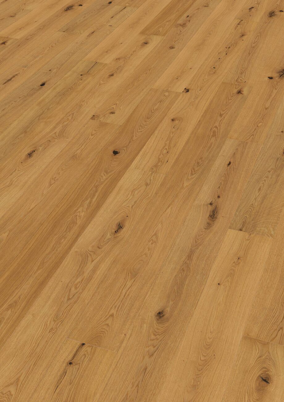 Oak parquet Thede & Witte Euro, knotty, brushed, matt lacquered, 1-strip, 2230 x 194 x 14 mm