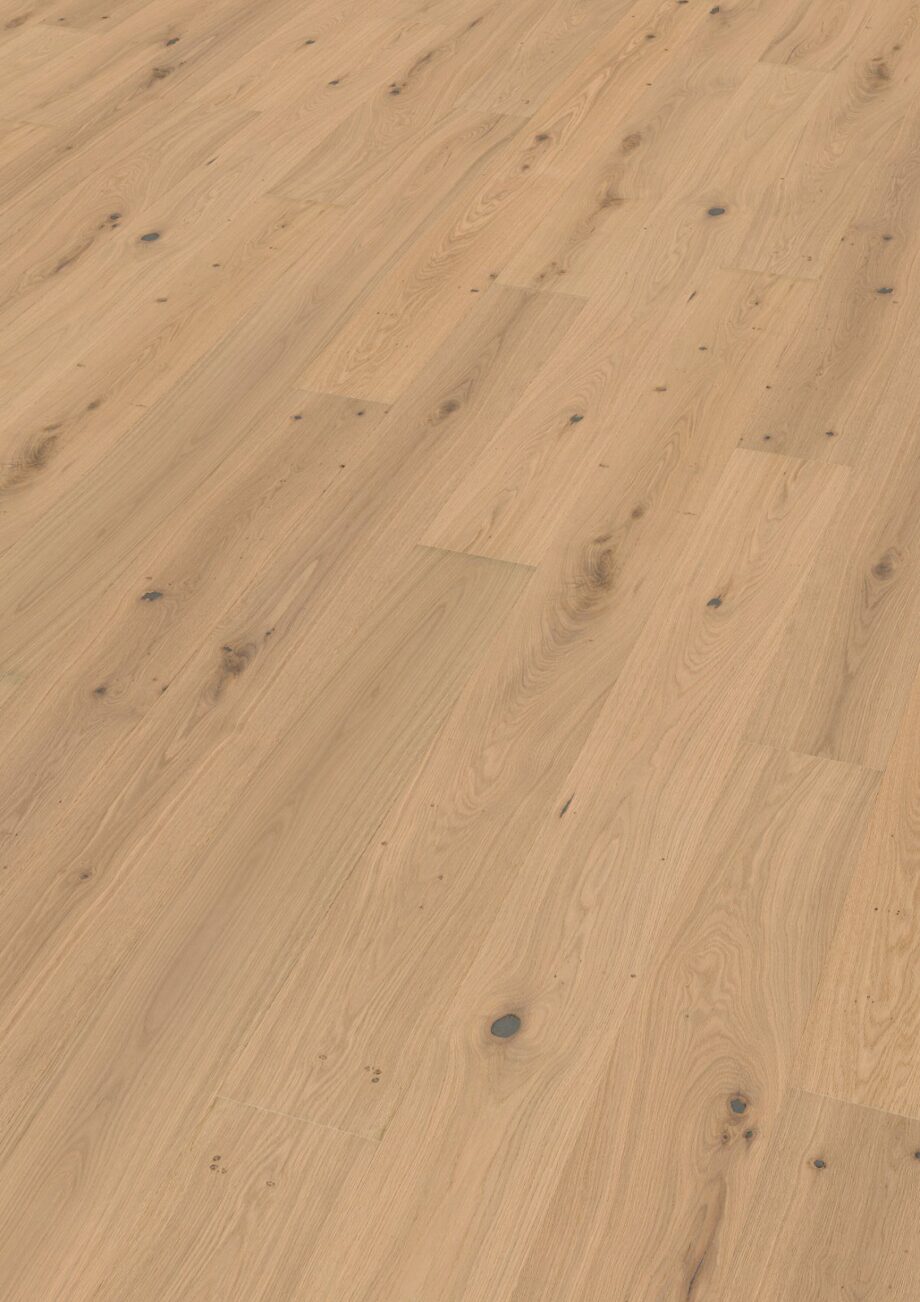 Oak parquet Thede & Witte Euro, knotty, brushed, light white oiled, sapwood free, 1-strip, 2230 x 194 x 14 mm