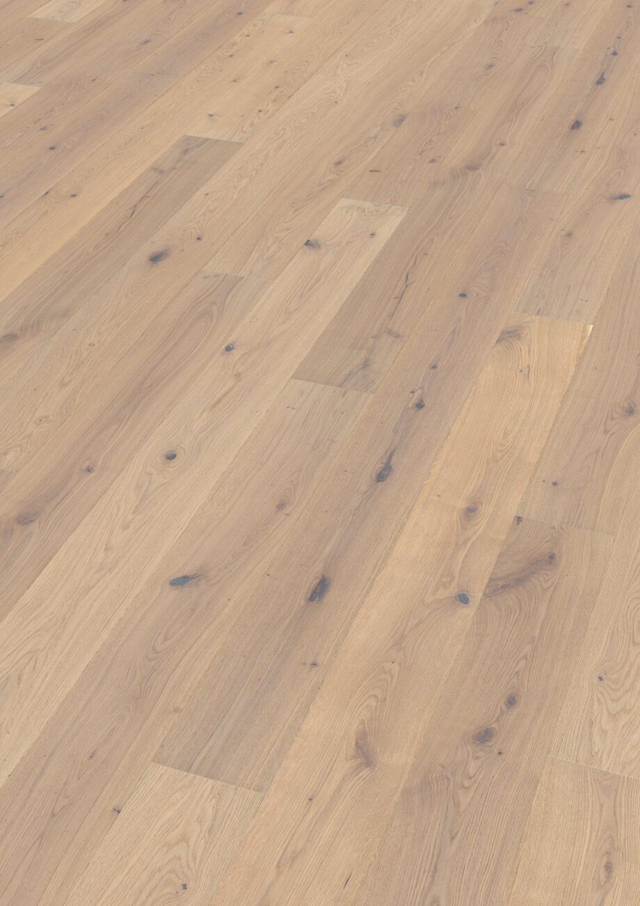Oak parquet Thede & Witte Euro, rustic knotty, brushed, white oiled, 1-strip, 2230 x 194 x 14 mm