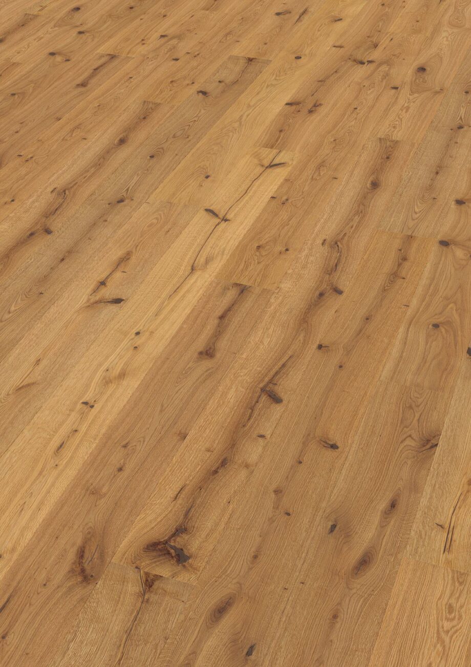 Oak parquet Thede & Witte Euro, rustic knotty, brushed, oiled, 1-strip, 2230 x 194 x 14 mm