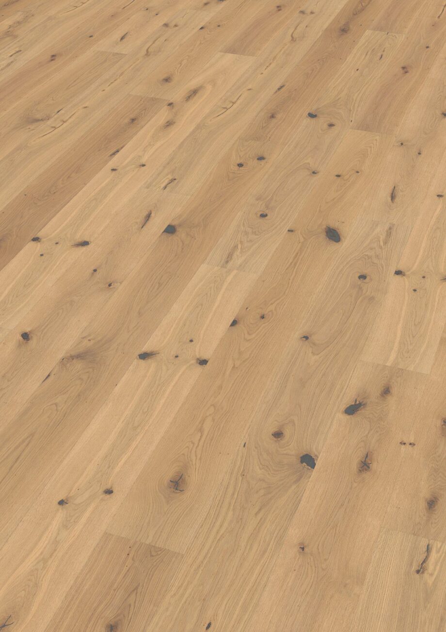 Oak parquet Thede & Witte Euro, rustic knotty, brushed, oiled, rough appearance, 1-strip, 2230 x 194 x 14 mm