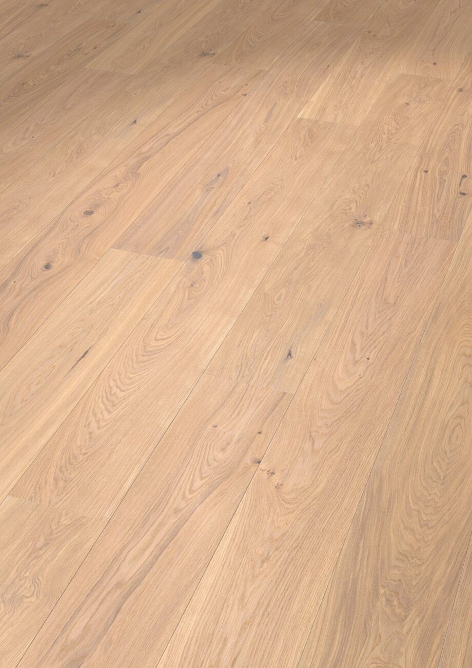 Oak parquet Thede & Witte Euro XL, knotty, brushed, white oiled, 1-strip, 2230 x 254 x 14 mm