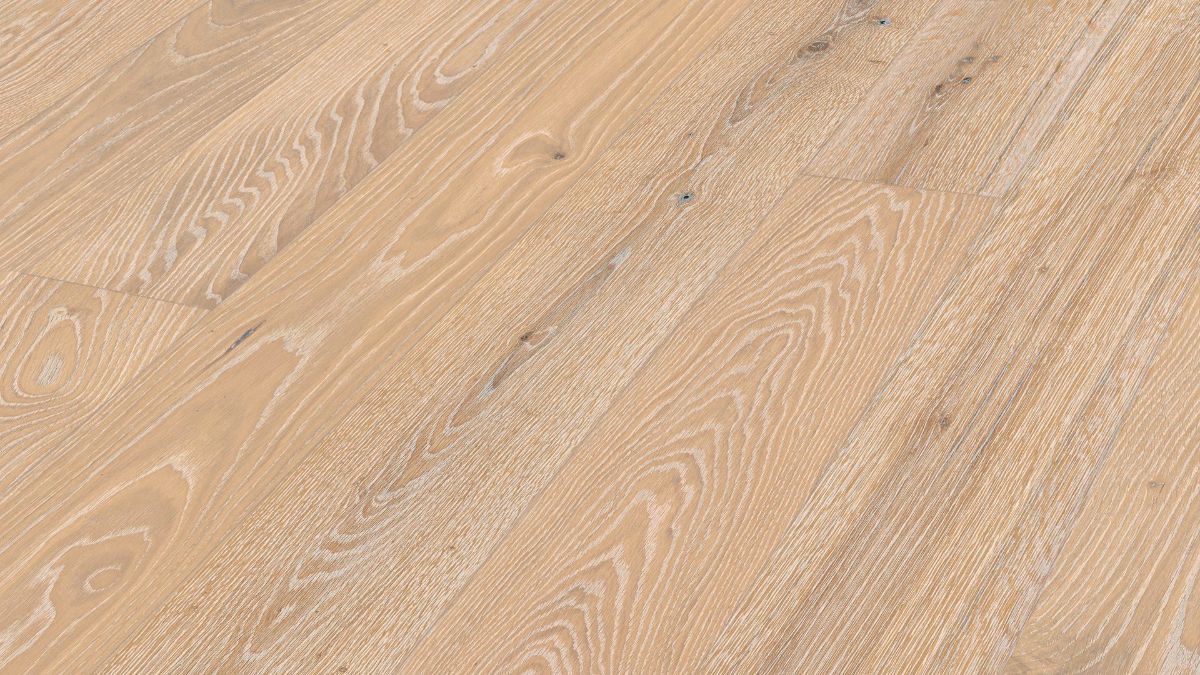 Oak wood flooring Meister, Natureflex HD 100, Limed light white oak lively 20016, 1-strip, 2200 x 210 mm, brushed, ultra matt lacquered