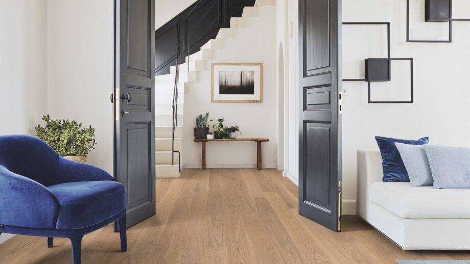 Parquet Tarkett, Shade, Oak Misty Grey Plank XT, 1-strip, 2 sides bevelled, brushed, stained, Proteco Natura mat lacquer