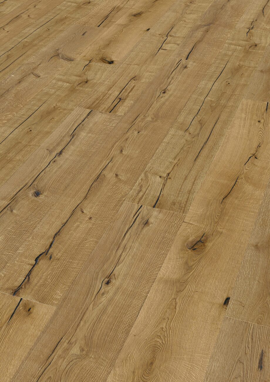 Parquet Trinity Oak Rustik 1-strip beveled deep brushed oiled 305mm