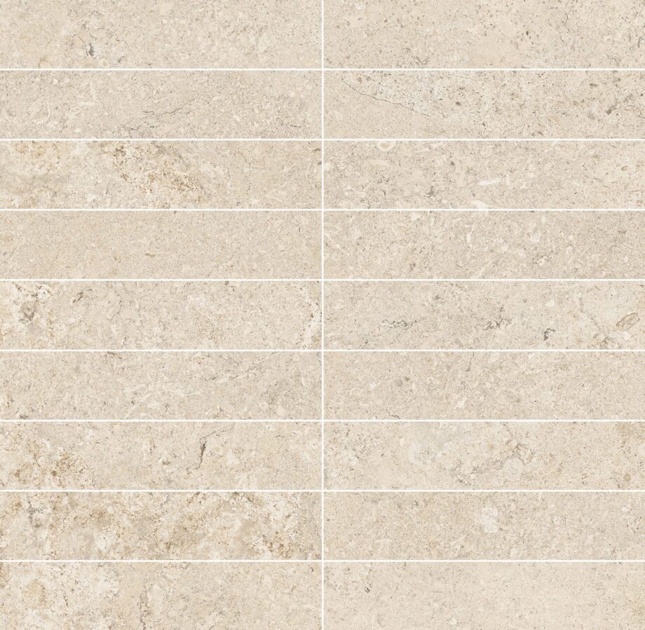 Stone-effect porcelain mosaic tile Tau Dorset Linen 3×15, 30×30 cm, linen beige Stone-effect porcelain mosaic tile Tau Dorset Linen 3x15, 30x30 cm, linen beige