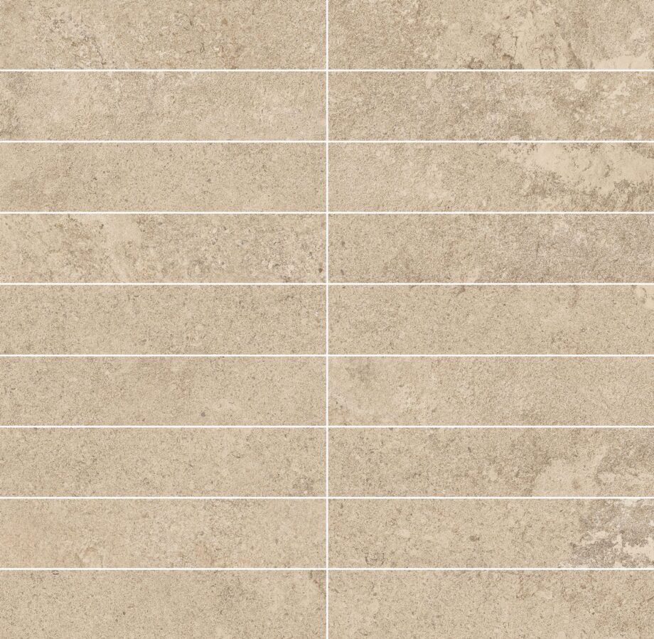 Stone-effect porcelain mosaic tile Tau Dorset Sand 3×15, 30×30 cm, sand beige Stone-effect porcelain mosaic tile Tau Dorset Sand 3x15, 30x30 cm, sand beige