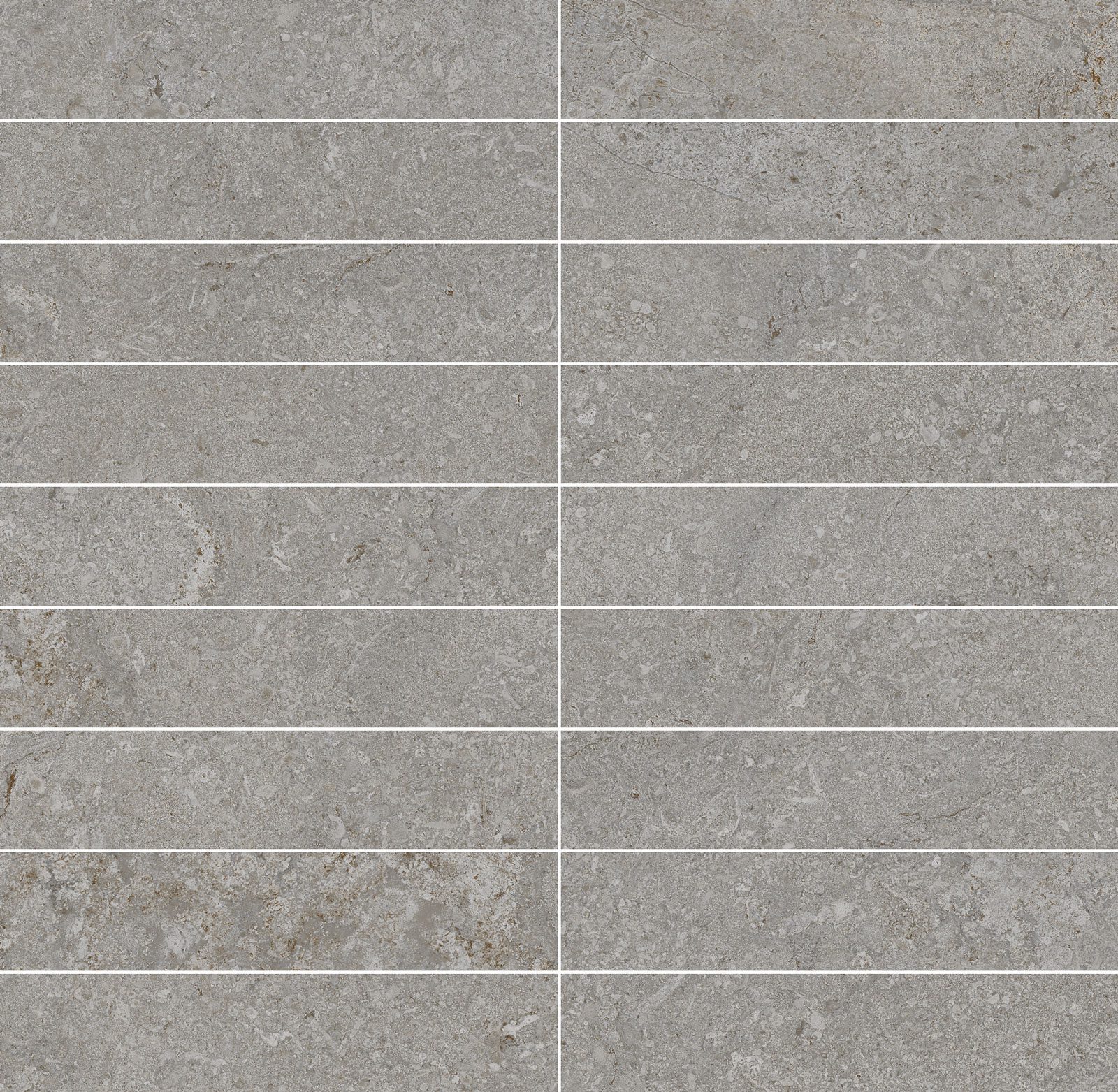 Stone-effect porcelain mosaic tile Tau Dorset Silver 3x15, 30x30 cm, silver grey